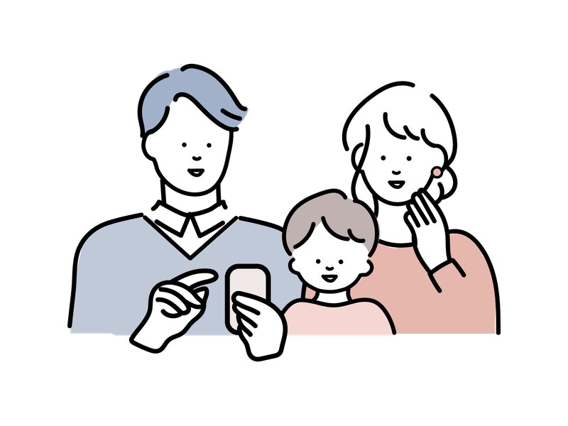スマホを手に見学を検討する家族のイラスト